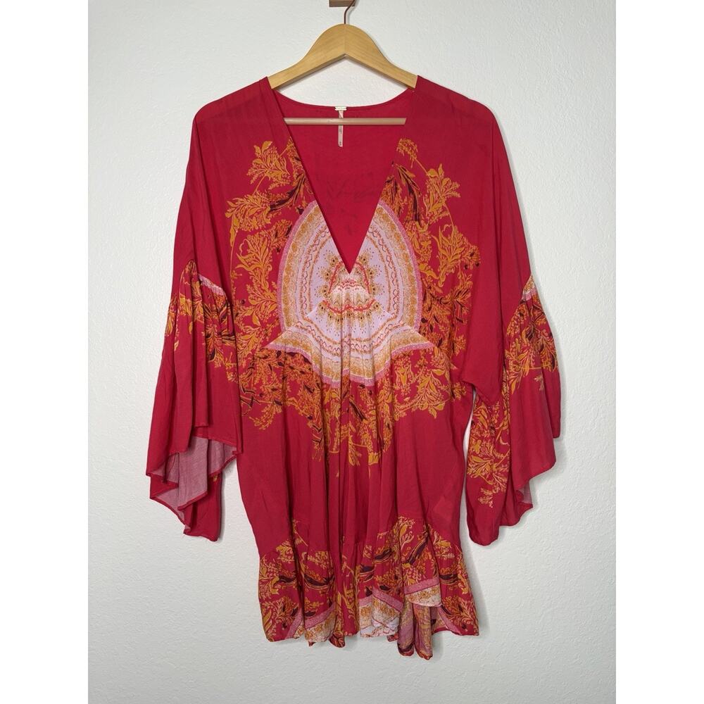 Free People Sunset Dreams Tunic Top in Pink Orange Boho V-Neck Bell Sleeve Sz M